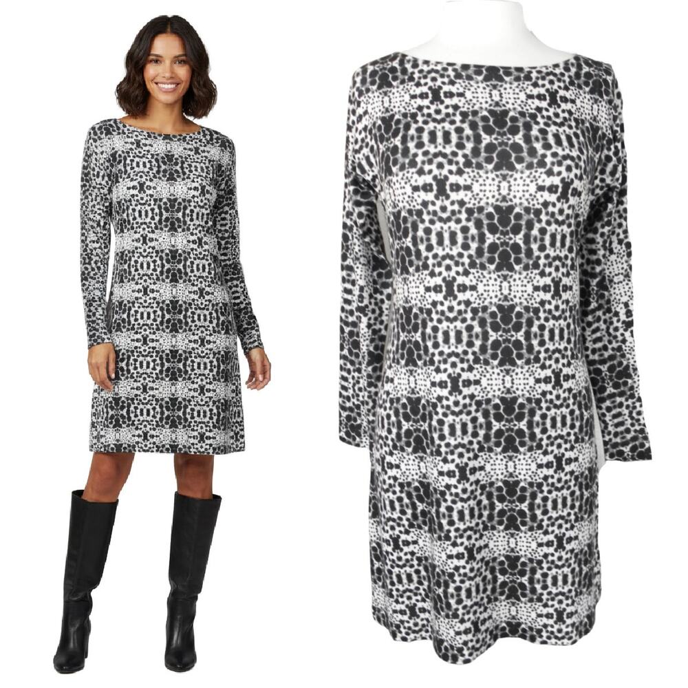 Nally & Millie Long Sleeve Fine Knit Sweater Dress Black White Gray SIze Medium